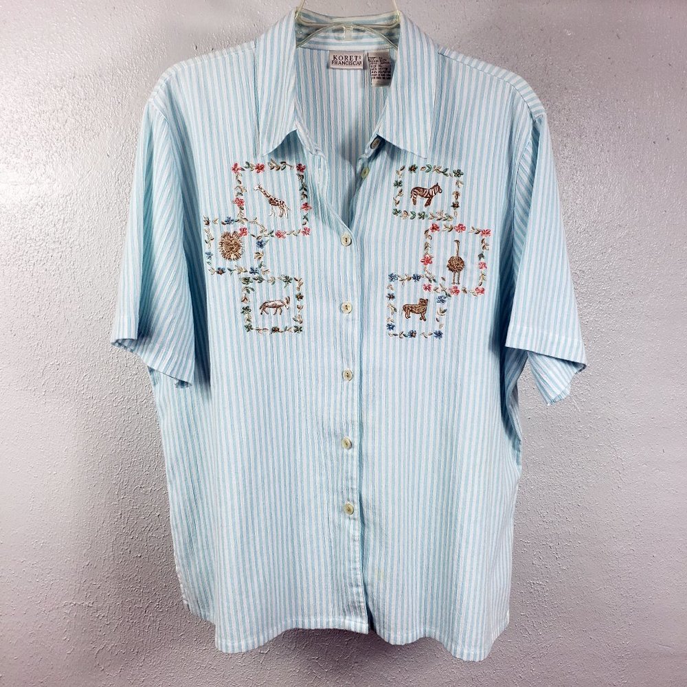 Koret Blue Pin Embroidered Animals Button Down Collar XL Shirt Top Blouse